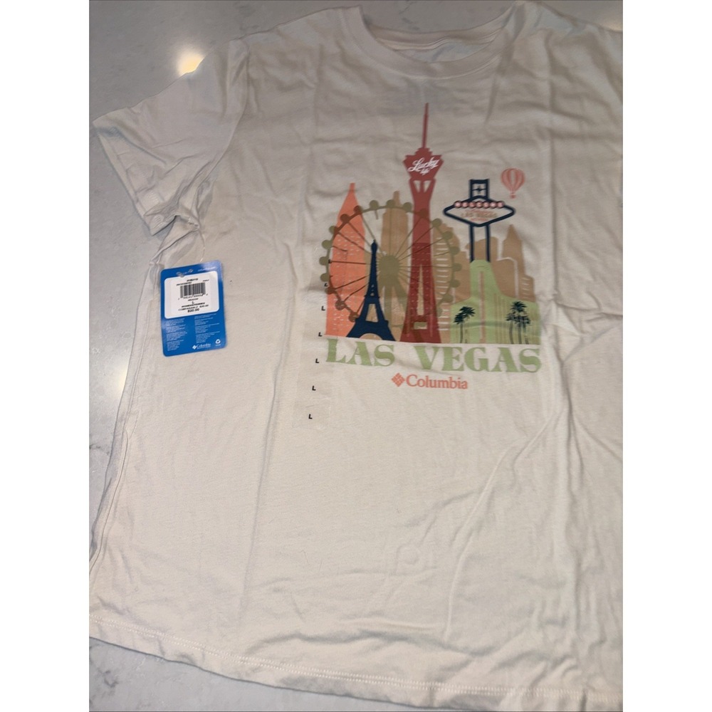 Columbia Las Vegas T Shirt Womens Medium Cream Cotton Graphic Travel Tee